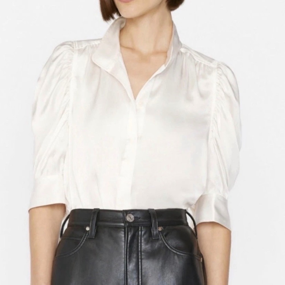 Frame Gillian Silk Blouse White Cream Puff Sleeve Top, old money quiet luxury